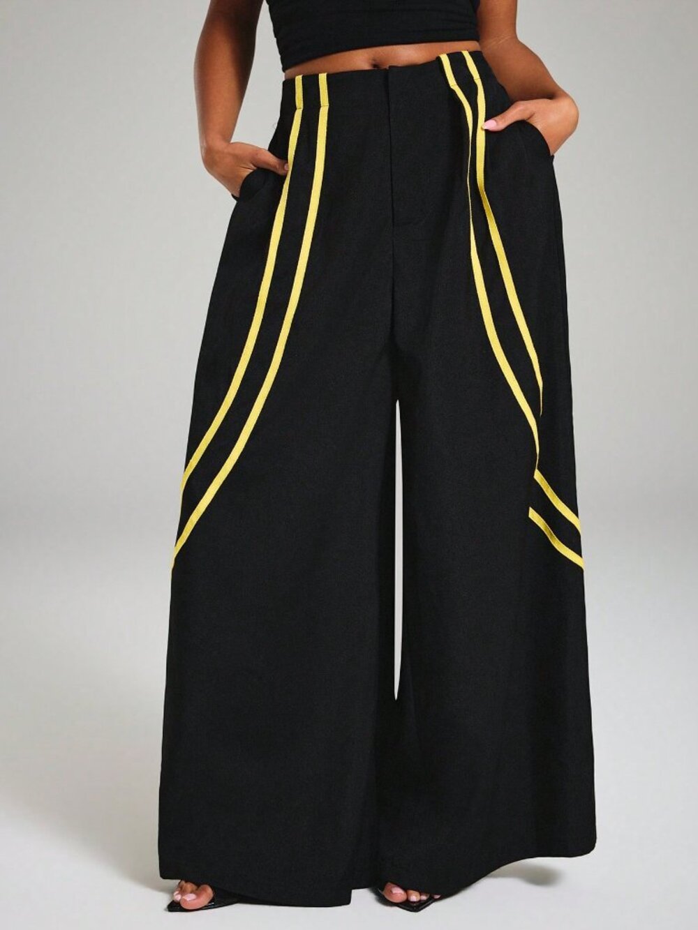 Black Elegant Women's Striped High Waist Wide Leg Pants - Picture 4 of 7
